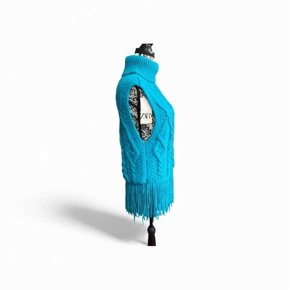 Zara Teal Knit Turtleneck Fringe Sweater Vest Sz-Medium - Picture 2 of 6
